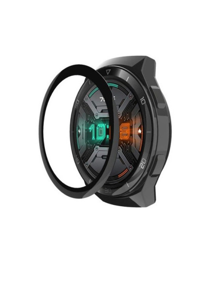 Detaljvy av Huawei Watch GT 2 med 3D-härdat glas monterat, visar skärmens design