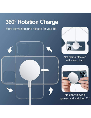 Transparent skal för iPhone 13 Mini med MagSafe, visat med laddning i 360° rotation