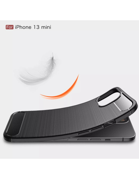 SlimCarbon-skal för iPhone 13 Mini, visat från sidan med böjd design och textur