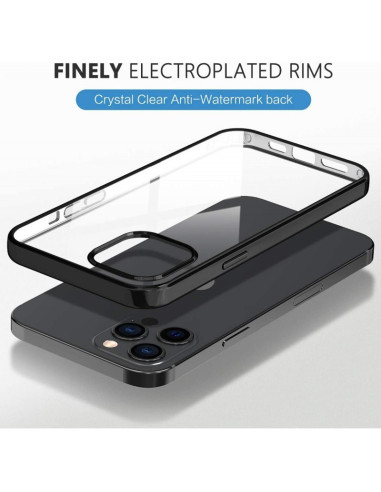 Svart stöttåligt mjukt skal för iPhone 12 Pro, detaljvy med genomskinlig baksida och förstärkta kanter