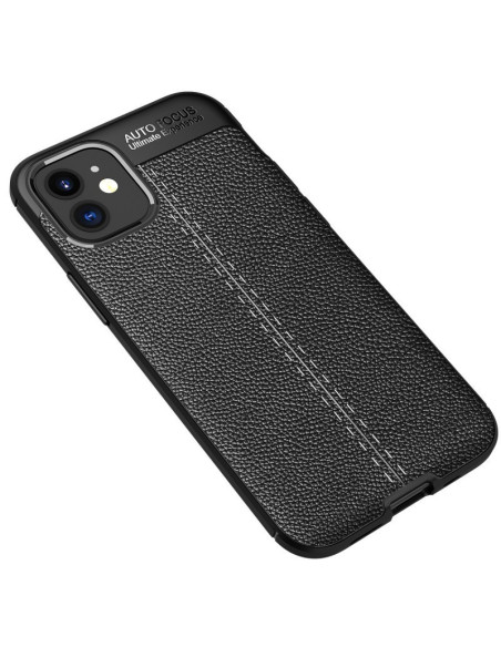 Svart LeatherBack-skal för iPhone 13, sett bakifrån med läderstruktur och detaljer