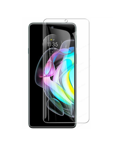 Närbild av Motorola Edge 20 med härdat glas monterat, visar skärmskyddets transparens