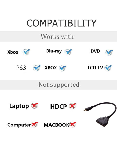 HDMI-splitteradapter med guldpläterad kontakt och svart kabel, visad från sidan