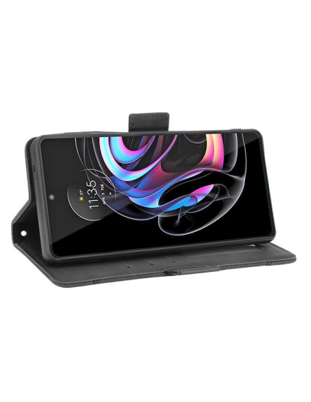 Motorola Edge 20 Pro plånboksfodral i svart PU-läder med telefon i stativläge