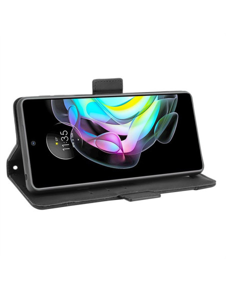 Motorola Edge 20 plånboksfodral i svart, öppet med telefon monterad