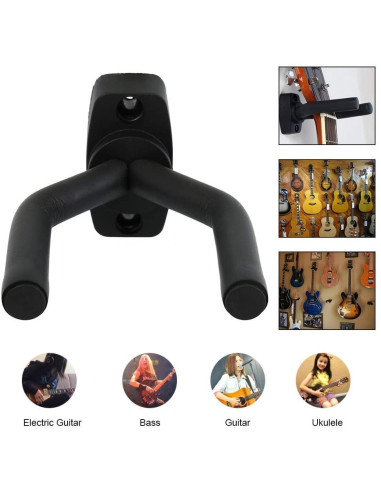 Framifrån vy av väggmonterad gitarrhängare med justerbara armar, svart design