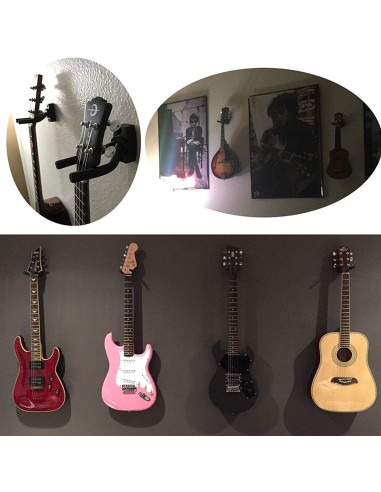 Väggmonterad gitarrhängare med flera instrument hängande, fokus på arrangemanget