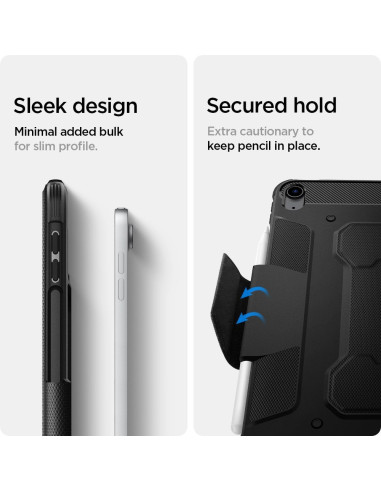 Detaljvy av Spigen Rugged Armor Pro fodral för iPad Air 4/5, med fokus på pennhållare och slimmad design