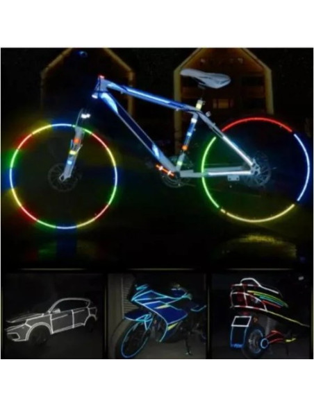 Reflextejp monterad på cykelhjul, synlig i mörker med färgglada reflexer