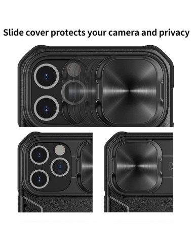 Närbild av iPhone 13 Pro skal med ringhållare och glidskydd för kameran