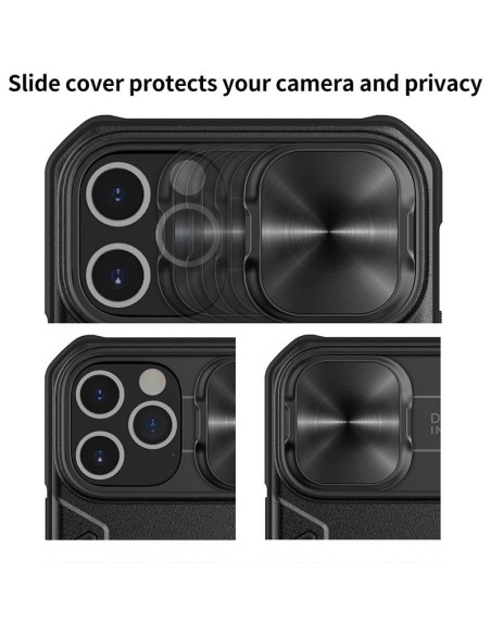 Närbild av iPhone 13 Pro skal med ringhållare och glidskydd för kameran