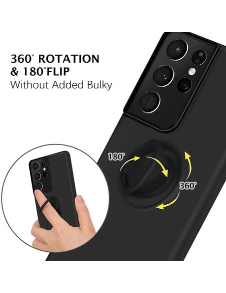 Närbild av Samsung S21 Ultra skal med ringhållare, visar 360° rotation och greppfunktion