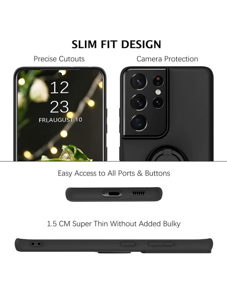 Detaljvy av Samsung S21 Ultra skal med ringhållare, visar kameraskydd och portåtkomst
