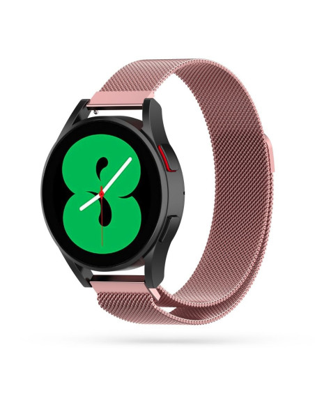 Milanesisk loop armband i rosa för Samsung Galaxy Watch 4, monterat på klocka