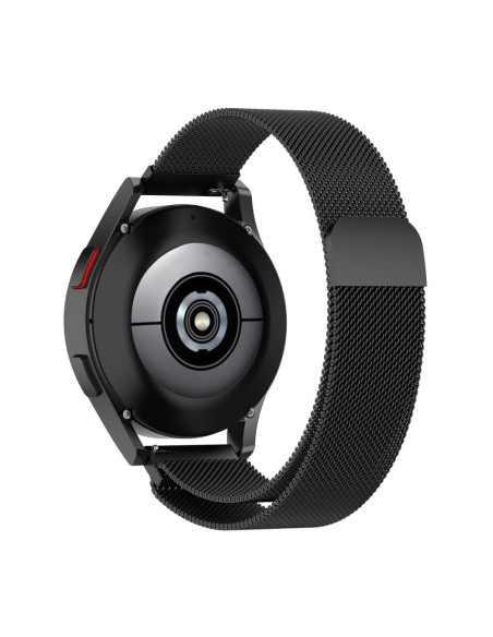 Detaljvy av baksidan på Samsung Galaxy Watch 4 med svart milanesisk loop armband