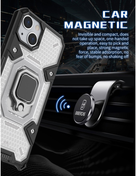 Närbild av iPhone 13 Mini skal med ringhållare, fokus på magnetisk funktion och design