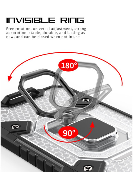 Närbild av ringhållaren på iPhone 13 Mini skal, visar dess roterande funktion