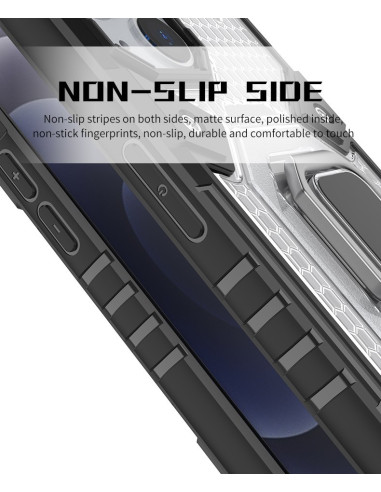 Närbild av sidan på iPhone 13 Mini skal med ringhållare, visar halkfria detaljer och knappar