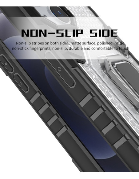 Närbild av sidan på iPhone 13 Mini skal med ringhållare, visar halkfria detaljer och knappar