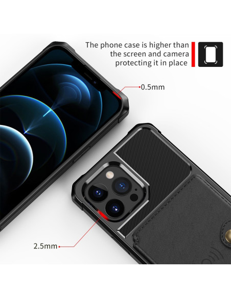 Närbild av iPhone 13 Pro Max skal med kortfack och kameraskydd, visat ovanifrån