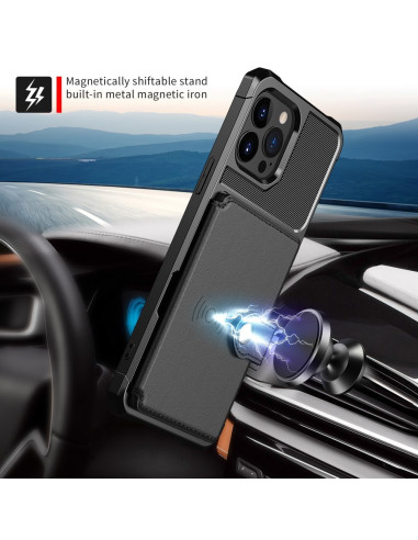 iPhone 13 Pro Max skal i svart med magnetisk ställfunktion, placerat i bilinteriör
