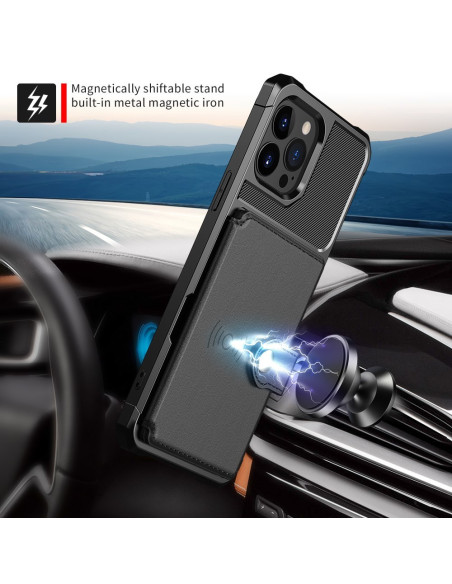 iPhone 13 Pro Max skal i svart med magnetisk ställfunktion, placerat i bilinteriör