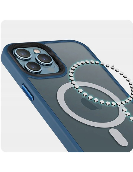 Närbild av iPhone 13 Pro Max skal i blått med Magsafe-ring