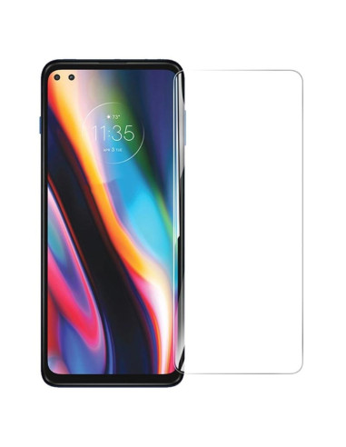 Transparent skärmskydd monterat på Motorola Moto G Plus 5G med färgglad bakgrund