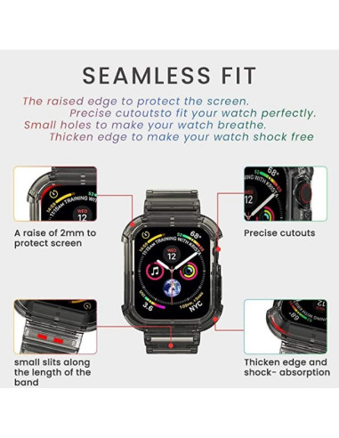 Närbild av transparent armband med förstärkta hörn för Apple Watch, visar detaljerade skärningar