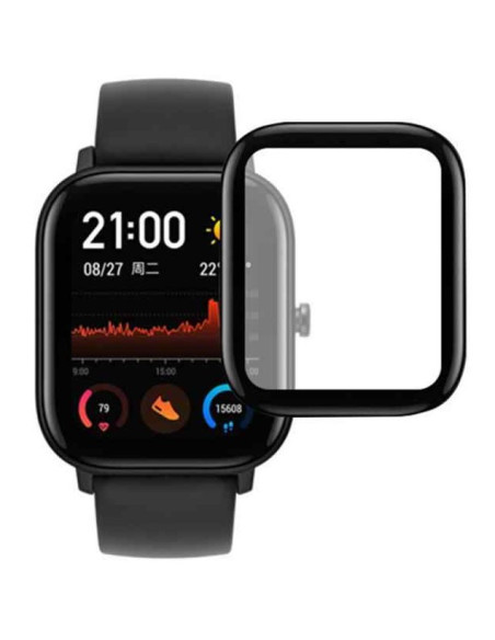 Amazfit GTS 2 med härdat glas monterat framifrån, visar skärmen och skyddet