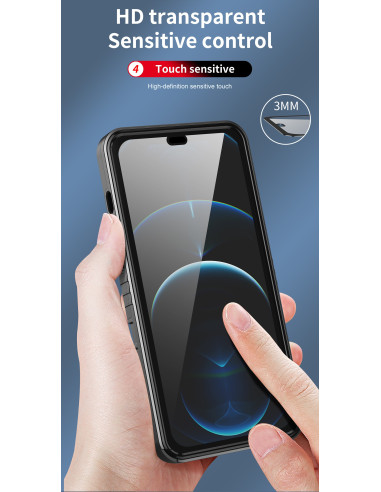 iPhone 12 Pro Max skal med CamShield, visad i hand med tydlig touch-känslighet och transparent framsida