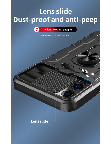Detaljvy av iPhone 12 Pro Max skal med CamShield-funktion som visar linsens skyddande glidskydd