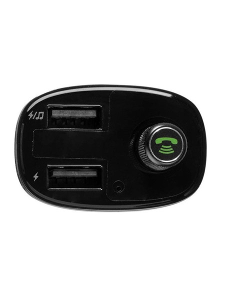 Översikt av FM bluetooth-sändare med två USB-portar och kontrollknapp, sett uppifrån