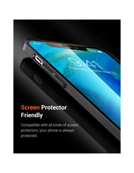 iPhone 13 Pro mattsvart skal med fokus på skärmskydd och knappar, sett framifrån