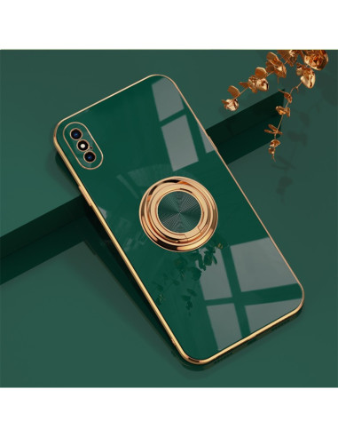Närbild av iPhone X / XS skal med ringhållare i grön och guld, med fokus på ringhållaren