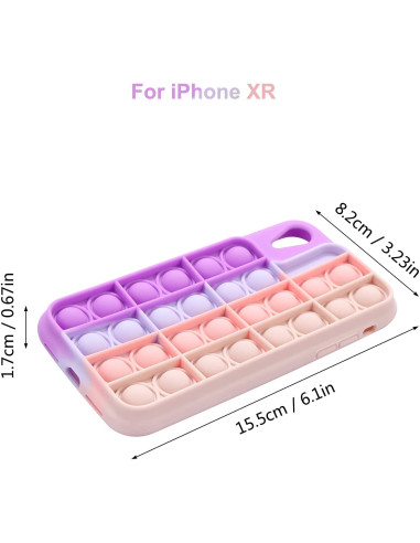 iPhone XR skal med Pop-It funktion i lila och rosa, sett ovanifrån med mått angivna