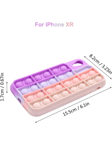 iPhone XR skal med Pop-It funktion i lila och rosa, sett ovanifrån med mått angivna