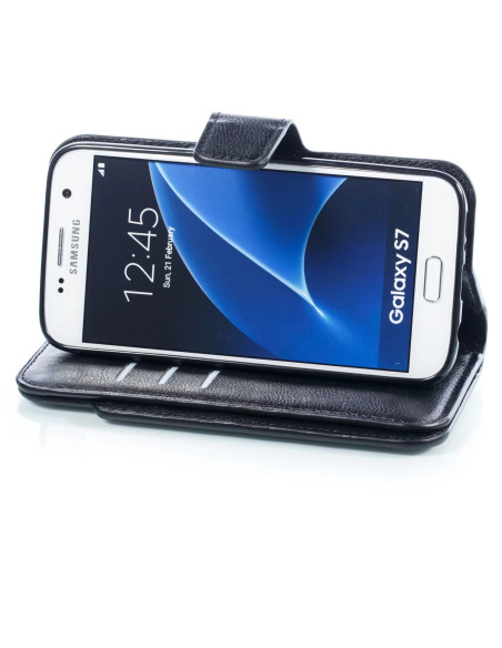 Svart plånboksfodral för Samsung S7 med telefon stående och kort synliga i facken