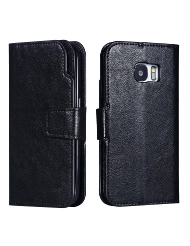 Svart plånboksfodral för Samsung S7 med stängd design, sett från framsidan och baksidan