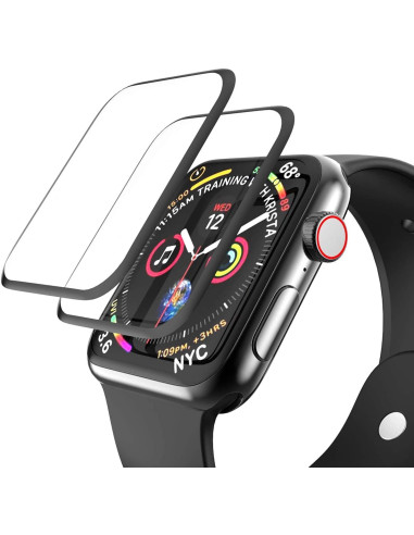 Närbild av 3D-flexibelt skärmskydd för Apple Watch Series 7 41mm monterat på klockan