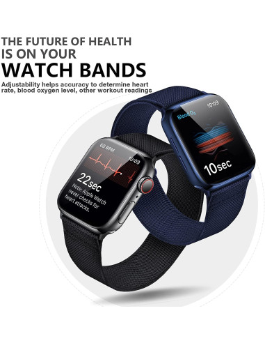 Justerbart nylon loop armband i blått och svart, monterat på Apple Watch