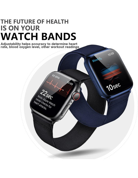 Justerbart nylon loop armband i blått och svart, monterat på Apple Watch