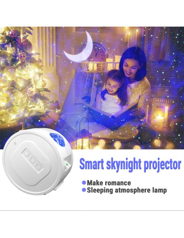 Stjärnprojektor med rymdlampa och Bluetooth-högtalare i användning, projicerar stjärnor och måne