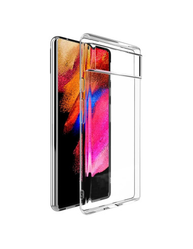 Genomskinligt TPU-skal för Google Pixel 6 Pro, visat från sidan med telefon insatt
