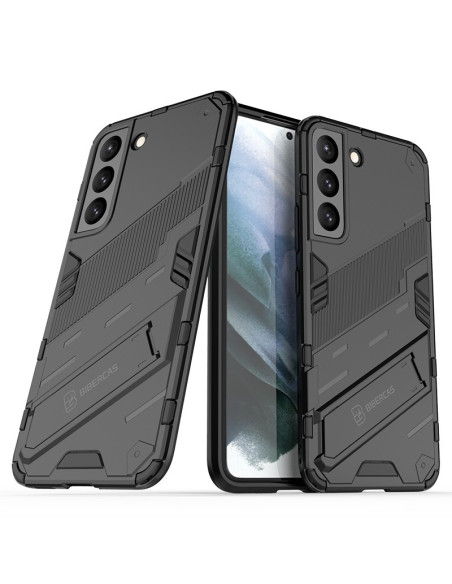 Samsung S22 skal i TPU med kickstand, sett från sidan och framifrån