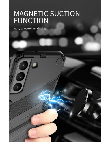 Samsung S22 skal med kickstand, visat i hand med magnetisk sugfunktion i bilmiljö