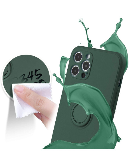 iPhone 13 Pro skal i grön färg med ringhållare, visande hand som torkar av ytan