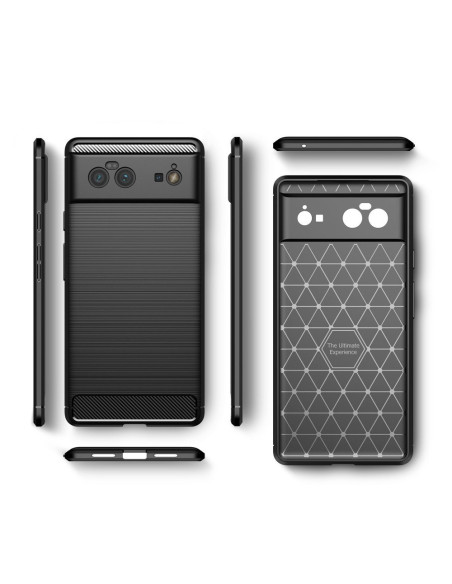 SlimCarbon-skalet för Google Pixel 6 Pro, sett framifrån med geometrisk mönstring och kameraskydd