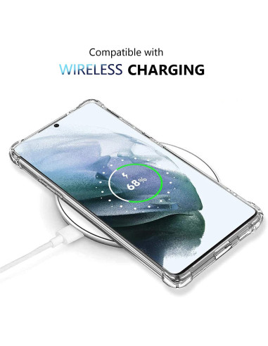 Transparent TPU-skal för Samsung S22, monterat på en trådlös laddare med laddningsindikator