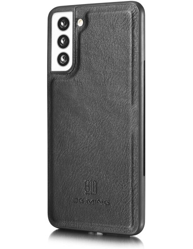 Svart mobilplånbok i konstläder för Samsung S21 FE, sedd från sidan med kameraöppning
